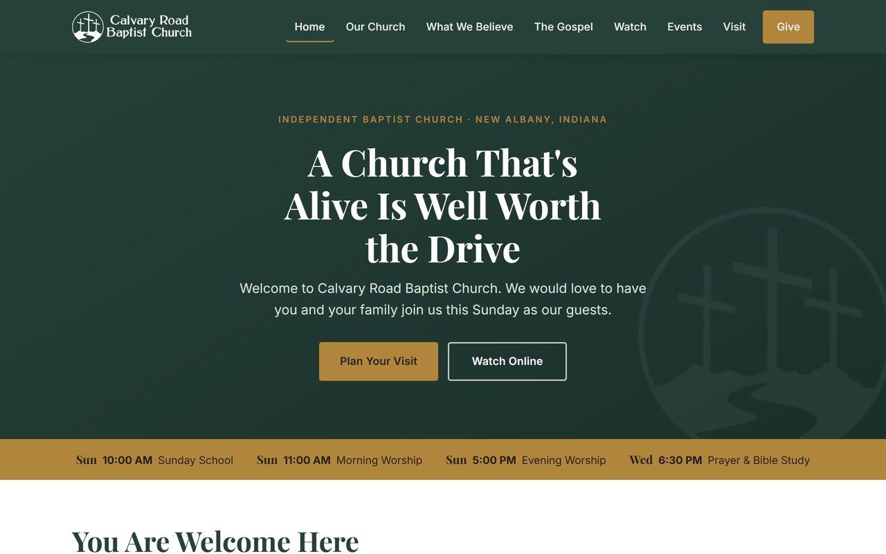The rebuilt Calvary Road Baptist Church homepage on a desktop browser