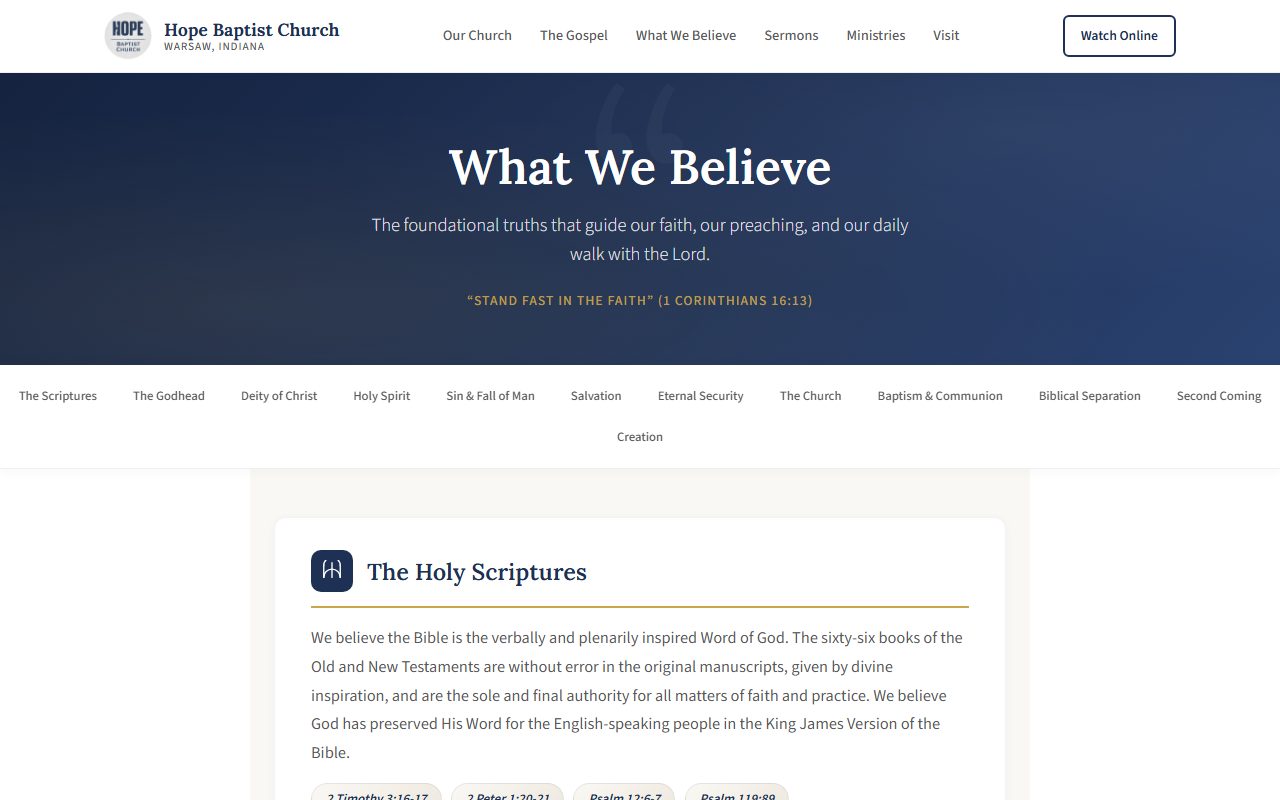 The rebuilt What We Believe page: a navy header, a jump menu of twelve articles, and the first article set as readable text with Scripture chips