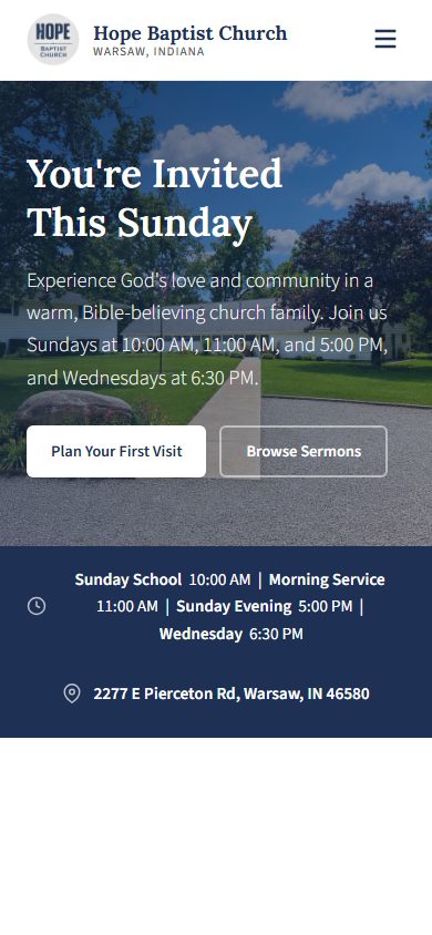 The rebuilt homepage on a phone, with the invitation, service times, and address all fitting the screen