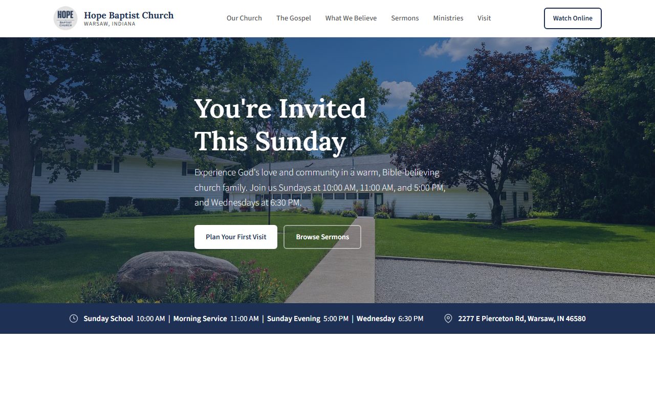 The rebuilt Hope Baptist Church homepage: navigation, an invitation with service times, and visit and sermon buttons above the fold