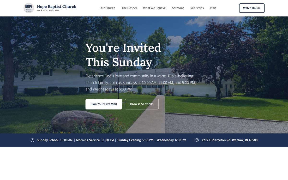The live Hope Baptist Church homepage